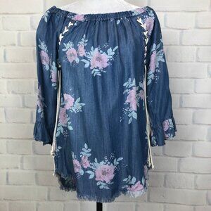 NWT Standard Grace Blue Chambray Floral Blouse Size S